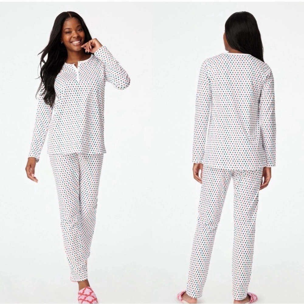 Rare Roller Rabbit Green Red Heart holiday Pajama 2 Piece Long Sleeve XS